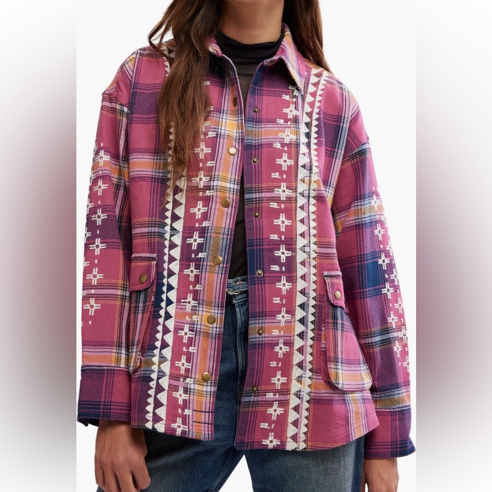 Free People Pink Plaid Utility Jacket